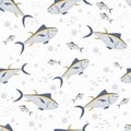 Tuna seamless pattern with bubbles and waves for wrapping paper and packaging seafood