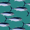 Tuna seamless pattern, fishes on a blue-green background Royalty Free Stock Photo