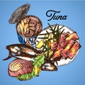 Tuna sketch vector illustration. Hand drawn set of pictures with fish. Food illusttration for menu of care.