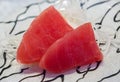 Tuna slice japanese food, tuna maguro sashimi slice for buffet. fresh fish from the fish.raw food.cuisine japanese style. Royalty Free Stock Photo