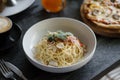 Tuna spaghetti served in a white bowl Royalty Free Stock Photo