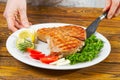 Tuna steak cooked on the electric grill. tunafish served on a plate with fresh herbs and vegetables. healthy nutritious