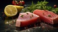 Tuna steak slices infused with fresh herbs on marble table Royalty Free Stock Photo