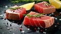 Tuna steak slices infused with fresh herbs on marble table Royalty Free Stock Photo