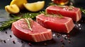 Tuna steak slices infused with fresh herbs on marble table Royalty Free Stock Photo