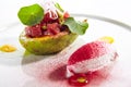 Tuna Tartar Made from Raw Fish Served in Avocado