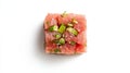 tuna tartare cube isolated on white, top view . Royalty Free Stock Photo