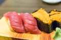 Tuna (Toro) and sea urchin sushi Royalty Free Stock Photo