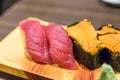 Tuna (Toro) and sea urchin sushi