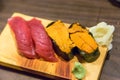Tuna (Toro) and sea urchin sushi