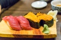 Tuna (Toro) and sea urchin sushi Royalty Free Stock Photo