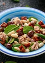 Tuna, white bean salad with olive, red onion, spinach and dried tomato. Healthy food. Royalty Free Stock Photo