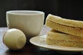 Tuna whole wheat sandwich on plate and boiled egg eat couple with black coffee cup Royalty Free Stock Photo