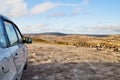 Tundra landscape with moss, glass and stouns in the north of Norway or Russia, blue sky with clouds and car