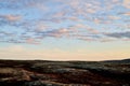 Tundra landscape with moss, glass and stouns in the north of Norway or Russia and blue sky with clouds