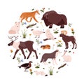 Tundra wild animal and plant nature collection, northern taiga flora and fauna, vector Arctic animals birds, polar herbs