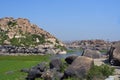 Tungabhadra river and rocky terrain. Hampi, Karnataka