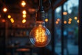 Tungsten filament light bulb shining in a restaurant Royalty Free Stock Photo