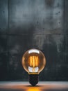 Tungsten light bulb on black concrete background. Warm glow of a vintage style light bulb on dark background. Generative AI