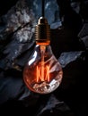 Tungsten light bulb on black rocky background. Red glow of a vintage pendant light bulb on dark stone background. Generative AI