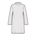 Tunic sweater technical fashion illustration with stand-away collar, long sleeves, oversized, knee length. Flat modest