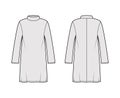 Tunic sweater technical fashion illustration with stand-away collar, long sleeves, oversized, knee length. Flat modest