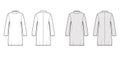 Tunic sweater technical fashion illustration with stand-away collar, long sleeves, oversized, knee length. Flat modest