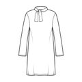 Tunic sweater technical fashion illustration with tie stand-away collar, long sleeves, oversized, knee length modest