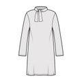 Tunic sweater technical fashion illustration with tie stand-away collar, long sleeves, oversized, knee length modest