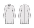 Tunic sweater technical fashion illustration with tie stand-away collar, long sleeves, oversized, knee length modest