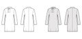 Tunic sweater technical fashion illustration with tie stand-away collar, long sleeves, oversized, knee length modest