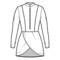 Tunic technical fashion illustration with zip henley neck, long sleeves, fitted body, petals hem. Flat Modest shirt