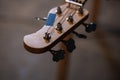 Tuning pegs and fretboard bass guitar close up on the background of the musician`s apartment with copy space. Royalty Free Stock Photo