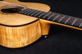 Tuning pegs on wooden machine head of six strings acoustic guitar neck on black background Royalty Free Stock Photo