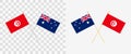 Tunisia and Australia Crossed Flags. Pennon Angle 28 Degrees. Options with Different Shapes and Colors of Flagpoles - Silver and