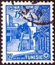 TUNISIA - CIRCA 1954: A stamp printed in Tunisia shows a street, Sidi-bou-said, circa 1954.