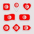Tunisia flags stickers set. Vector collection of Tunisian national flags. Modern isolated icons with shadows. Traditional colors.