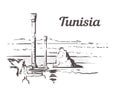 Tunisia hand drawn. Baths of Antoninus in Carthage sketch style vector illustration