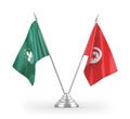 Tunisia and Macau table flags isolated on white 3D rendering