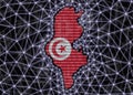 Tunisia map silhouette on black background with binary code and blockchain grid. Russian state digital currency concept