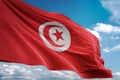 Tunisia national flag waving blue sky background realistic 3d illustration