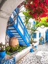Tunisian courtyard Sidi Bou Said, Tunis 28 May 2011. Known for its blue and white painted colours Royalty Free Stock Photo