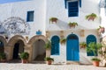 Tunisian eastern courtyard houses with white walls and blue windows doors Royalty Free Stock Photo