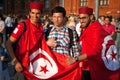 Tunisian football fans with Tunisian flags on red Square in Moscow. Football world Cup.