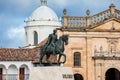 Equestrian monument to the Liberator Simon Bolivar with the Basilica of St. James the Apostle on Royalty Free Stock Photo