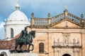 Equestrian monument to the Liberator Simon Bolivar with the Basilica of St. James the Apostle on Royalty Free Stock Photo