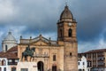 Equestrian monument to the Liberator Simon Bolivar with the Basilica of St. James the Apostle on