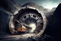 tunnel boring machine drilling through rock in mountain tunnel