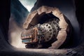 tunnel boring machine drilling through rock in mountain tunnel