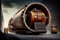 tunnel boring machine, with its conveyor belt and tunneling equipment visible, being transported on flatbed truck Royalty Free Stock Photo